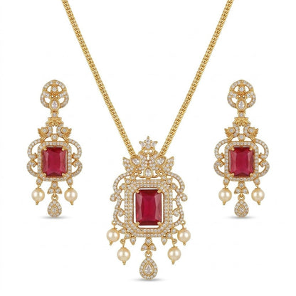 Regal Jadau Kundan Necklace Set with Rectangular Gemstones & Pearl Drops - Riwaaj