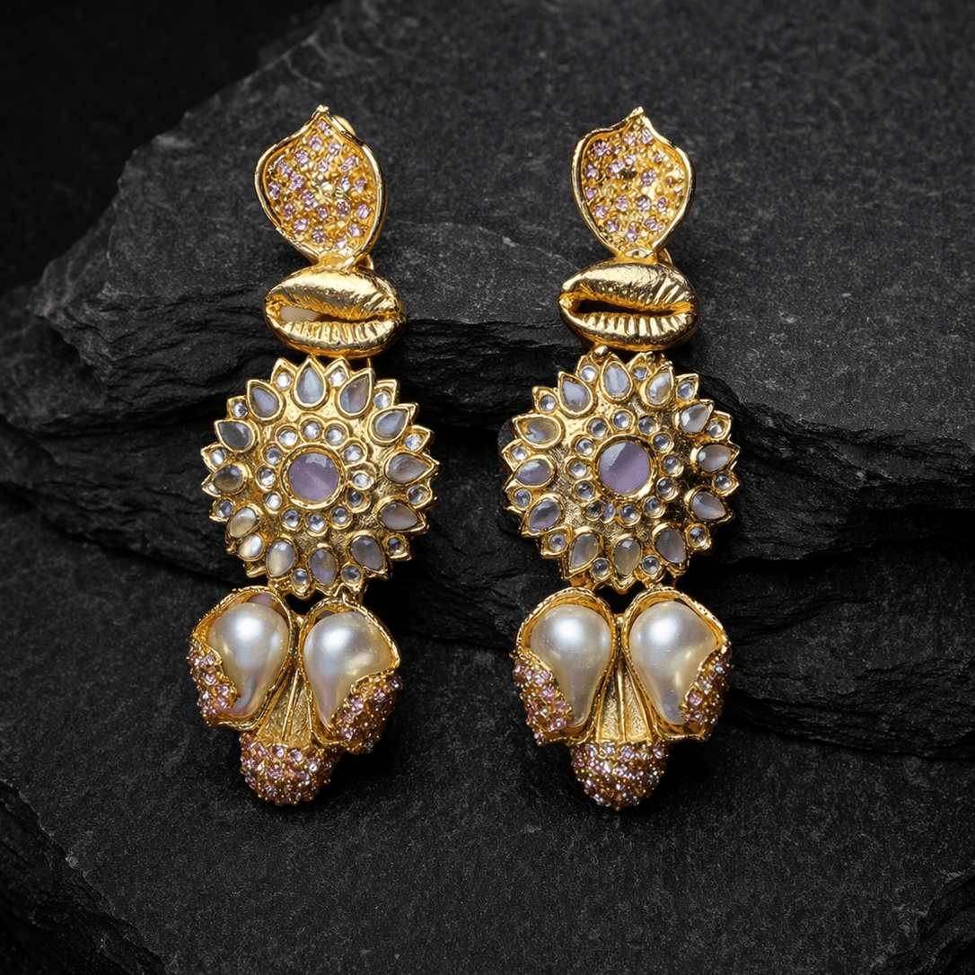 Sahiba Mandala Drop Earrings – 22K Gold Kundan with Pearl Drops - Riwaaj