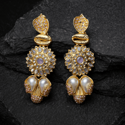 Sahiba Mandala Drop Earrings – 22K Gold Kundan with Pearl Drops - Riwaaj