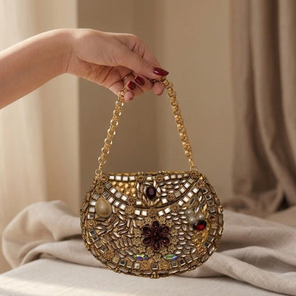 Luxira Kundan Clutch – Bridal Evening Bag with Chain - Riwaaj