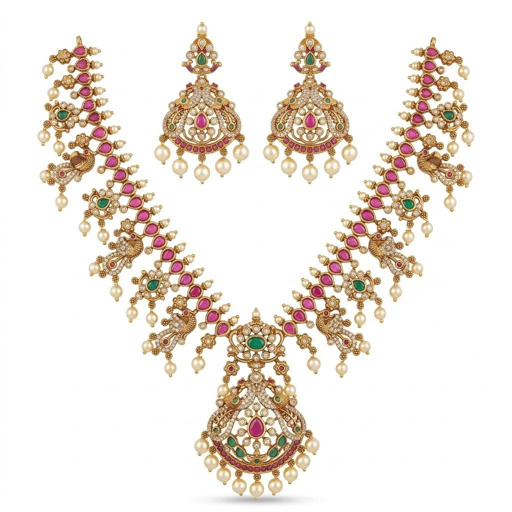 Mayura Heritage Jewellery Set – Antique Gold, Ruby & Emerald with Pearl - Riwaaj