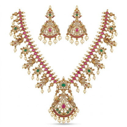 Mayura Heritage Jewellery Set – Antique Gold, Ruby & Emerald with Pearl - Riwaaj