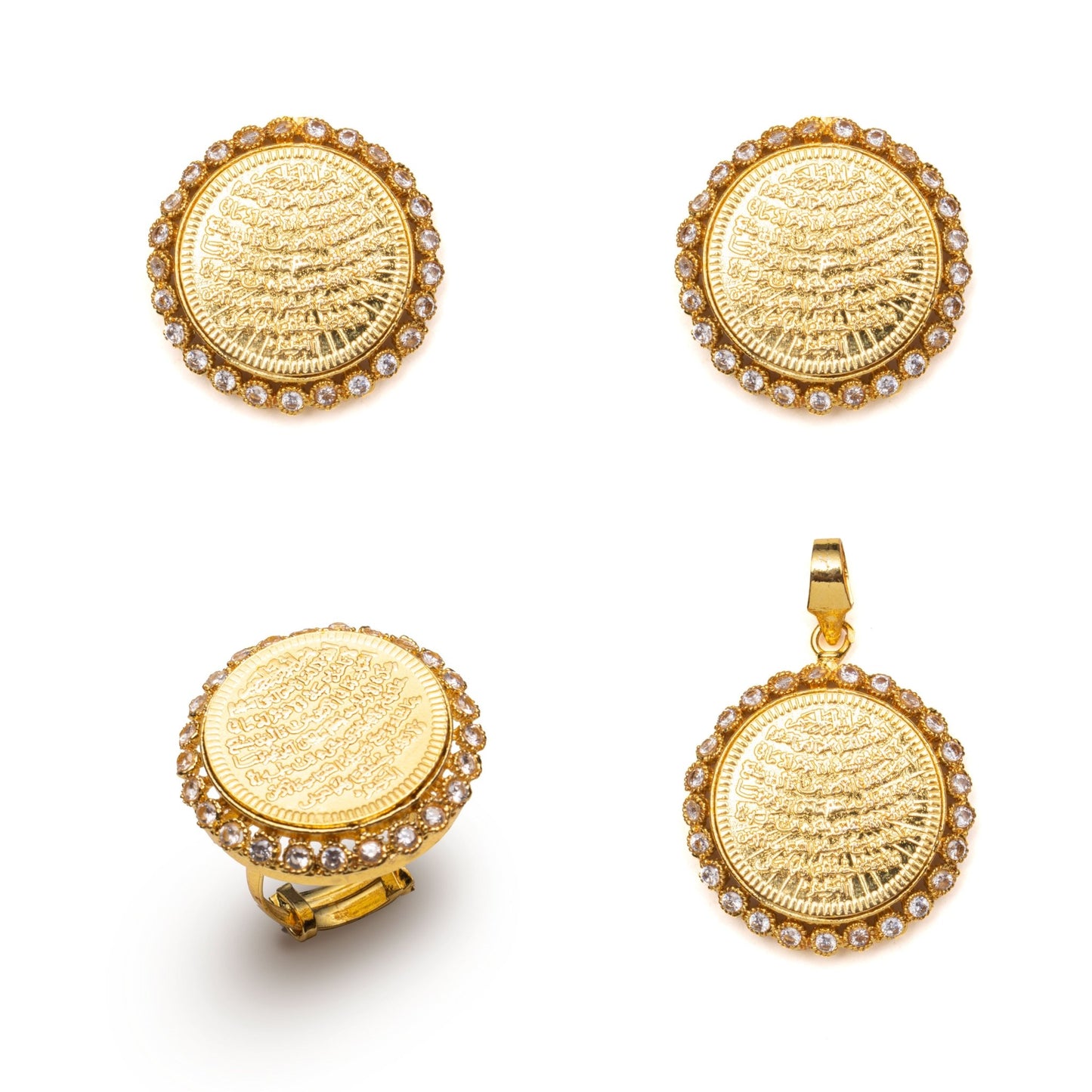 Ayat al - Kursi Locket Set – 22K Gold Plated | 3 - Piece Islamic Jewellery Set | Earrings, Pendant & Ring - Riwaaj