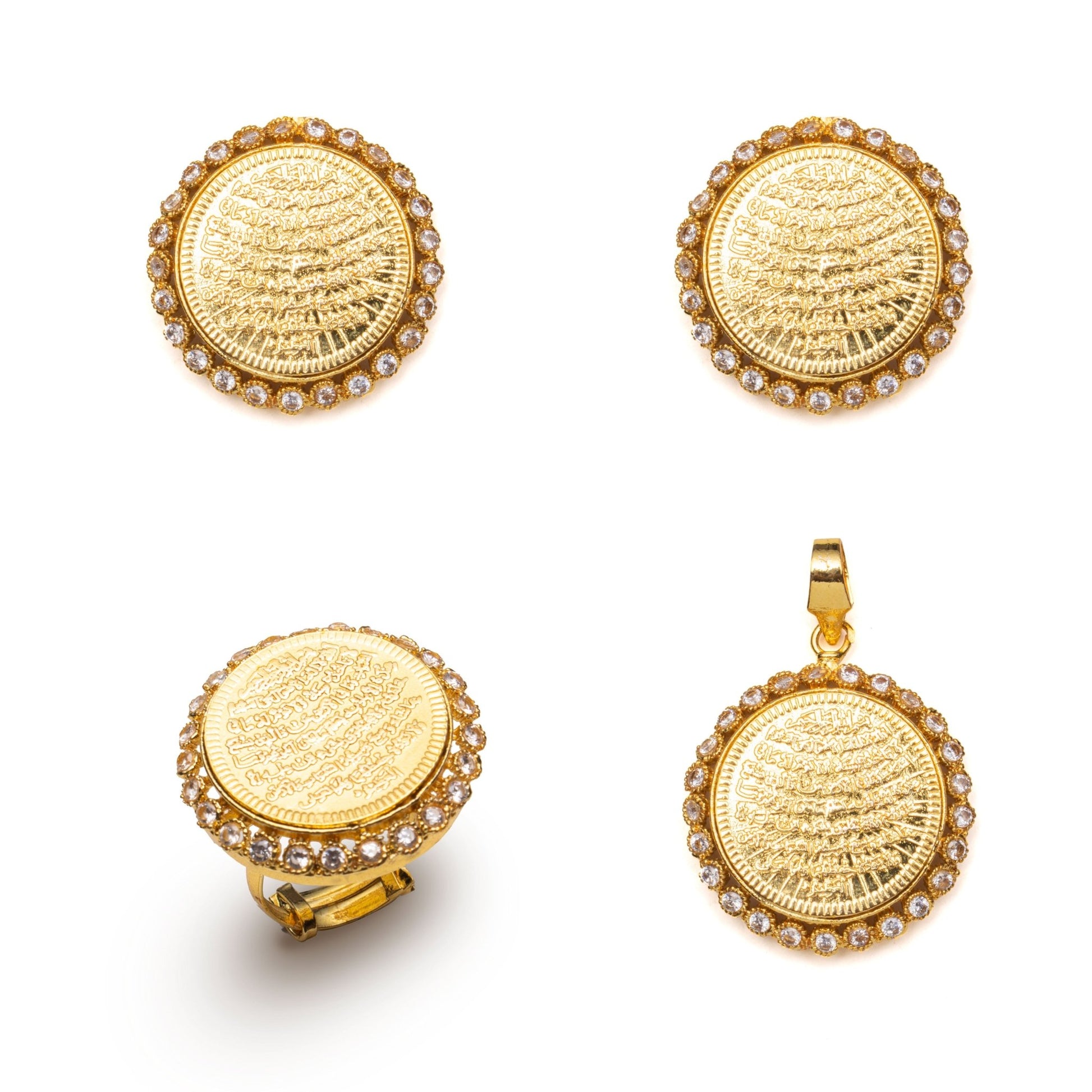 Ayat al - Kursi Locket Set – 22K Gold Plated | 3 - Piece Islamic Jewellery Set | Earrings, Pendant & Ring - Riwaaj