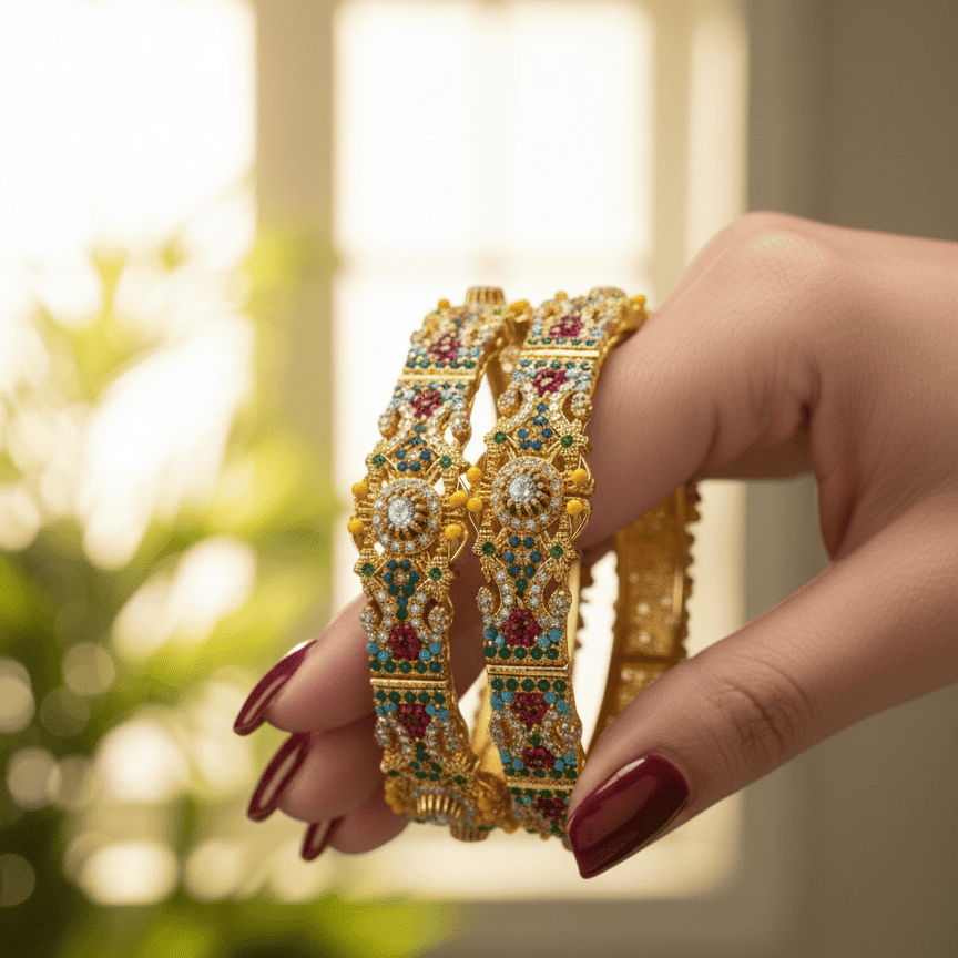 Navratan Heritage Bangles - Gold Plated Gemstone Bracelets - Riwaaj