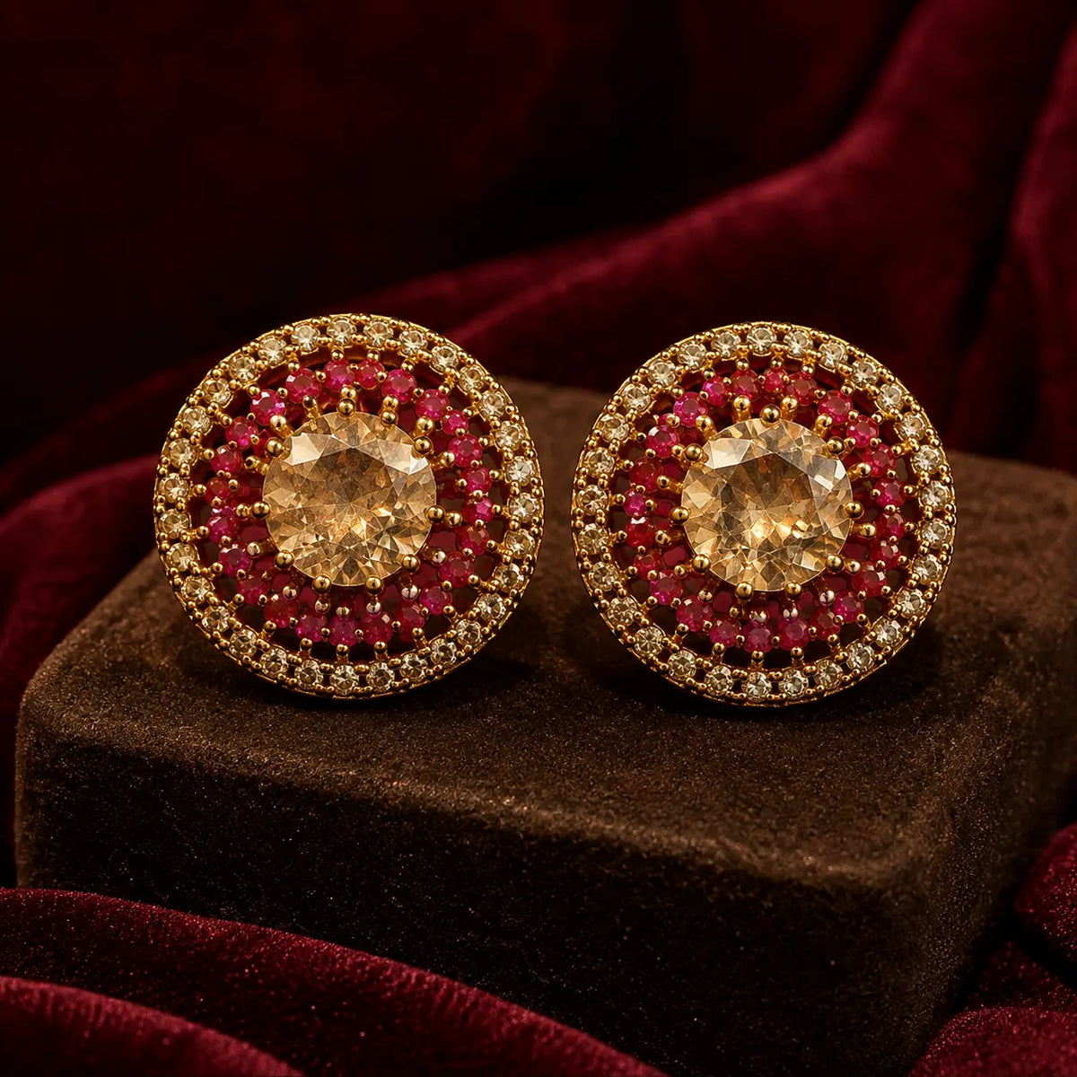 Champagne Zarmina ruby halo gold plated crystal statement stud earrings