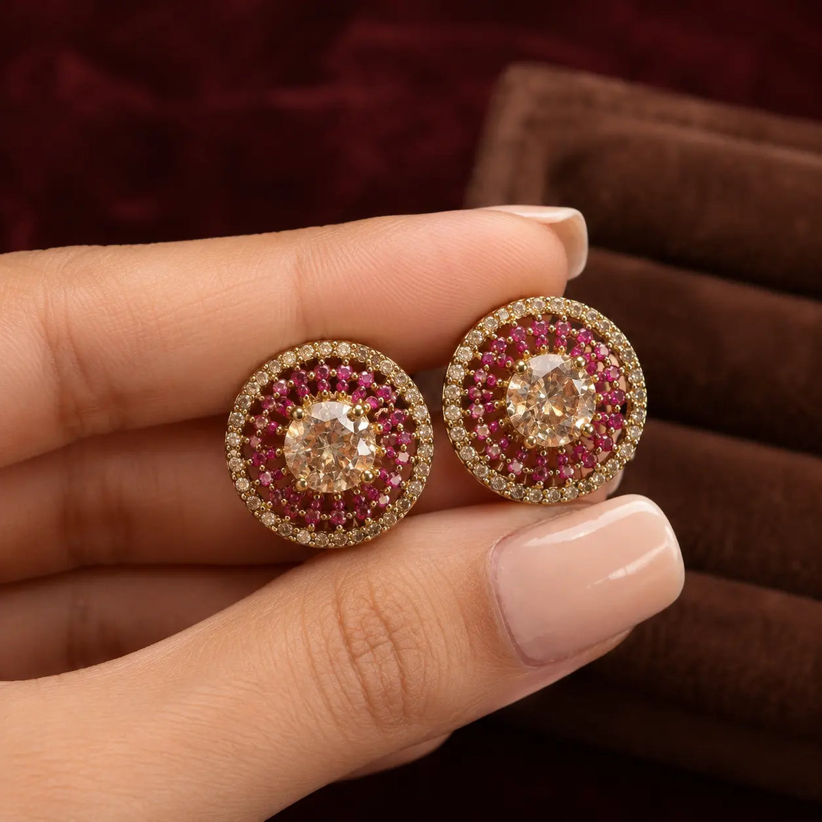 Champagne Zarmina ruby halo gold plated crystal statement stud earrings