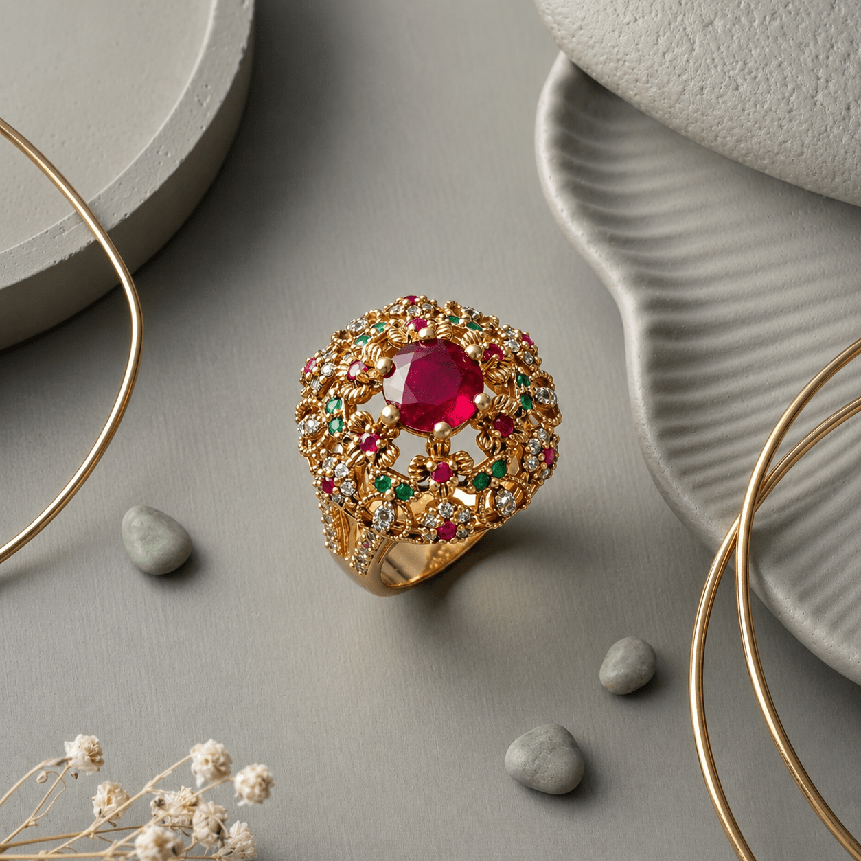 Handcrafted 22k Gold Statement Sovereign Ruby Ring - Riwaaj