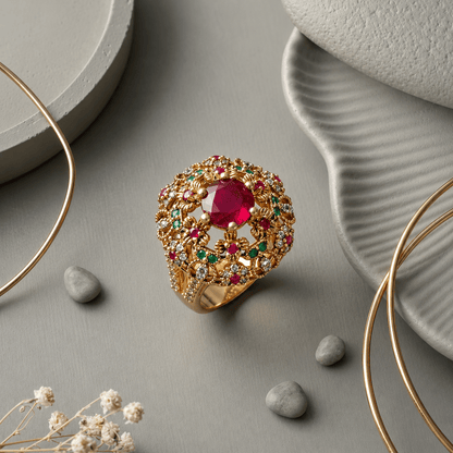 Handcrafted 22k Gold Statement Sovereign Ruby Ring - Riwaaj