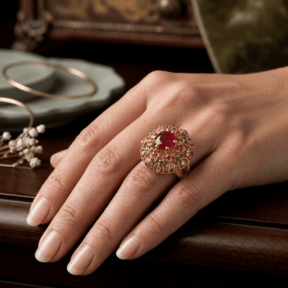 Handcrafted 22k Gold Statement Sovereign Ruby Ring - Riwaaj