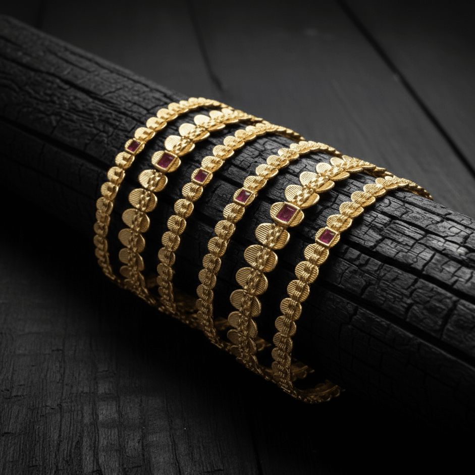Rajwadi Ruby Bloom Kada Bangles - 22K Gold Plated Indian Bridal Set of 6 - Riwaaj
