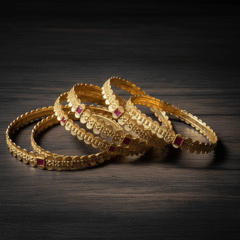 Rajwadi Ruby Bloom Kada Bangles - 22K Gold Plated Indian Bridal Set of 6 - Riwaaj