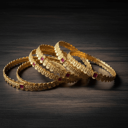 Rajwadi Ruby Bloom Kada Bangles - 22K Gold Plated Indian Bridal Set of 6 - Riwaaj