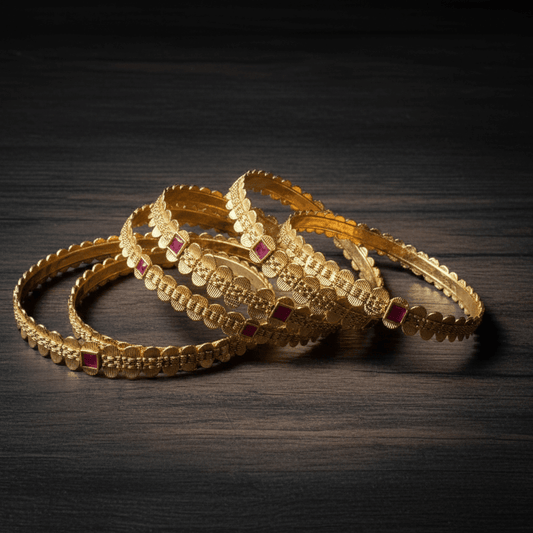 Rajwadi Ruby Bloom Kada Bangles - 22K Gold Plated Indian Bridal Set of 6 - Riwaaj