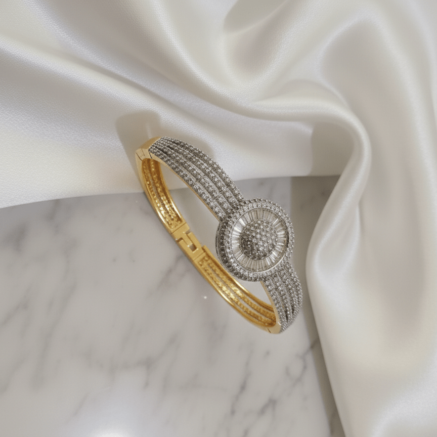 Mahira Zirconia Kara Bangle - 22K Gold Plated Openable Bracelet - Riwaaj