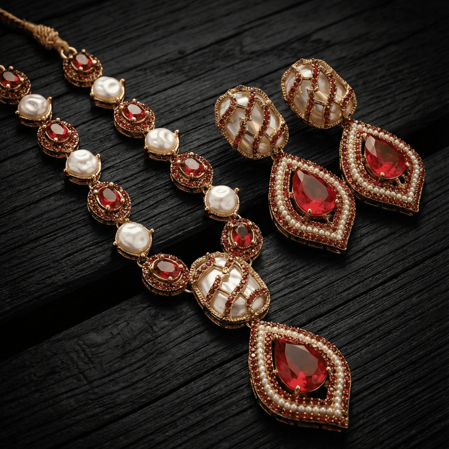 Anatolian Pearl & Ruby Jewelry Set - Turkish Gold Plated Necklace & Earrings - Riwaaj