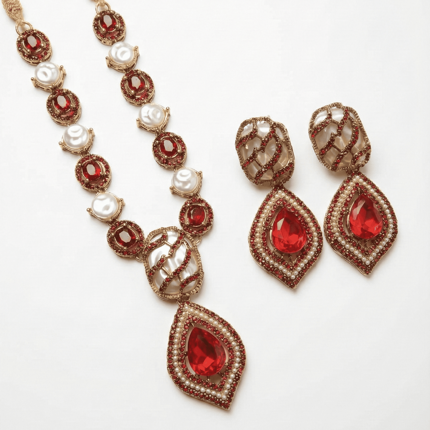 Anatolian Pearl & Ruby Jewelry Set - Turkish Gold Plated Necklace & Earrings - Riwaaj