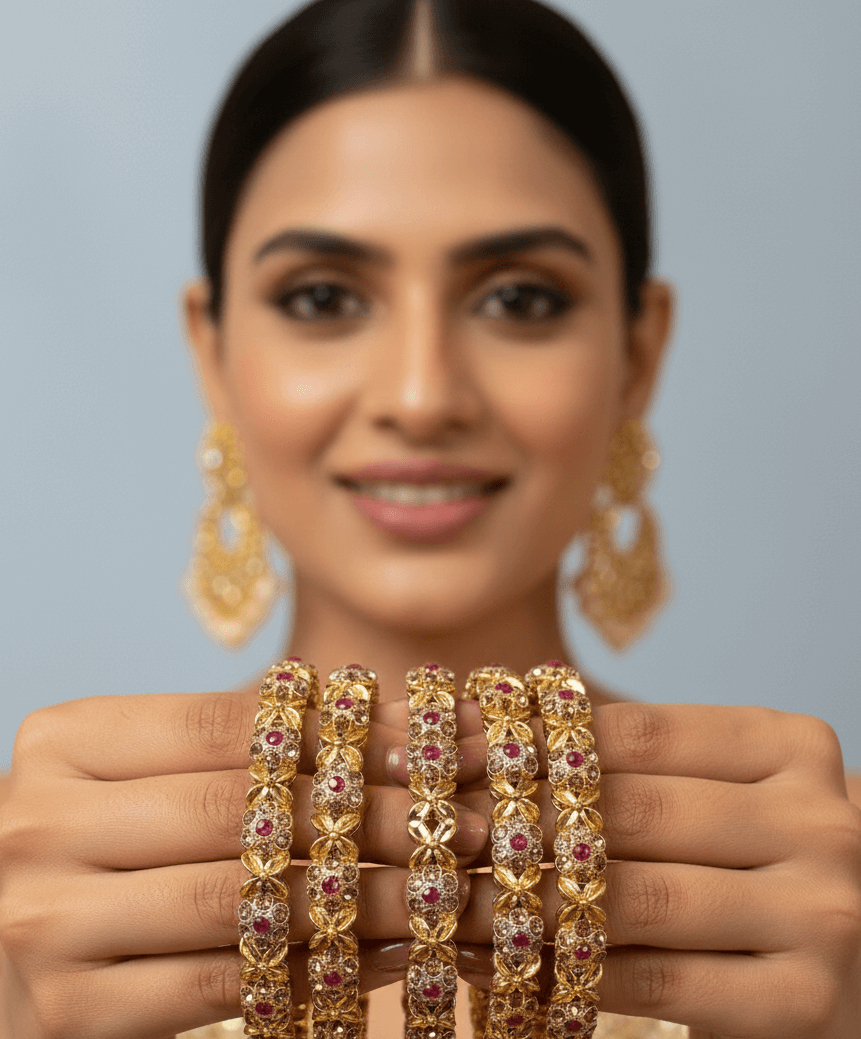Royal Ruby Zirconia Kada Bangles - 22K Gold Plated Indian Bracelet Set