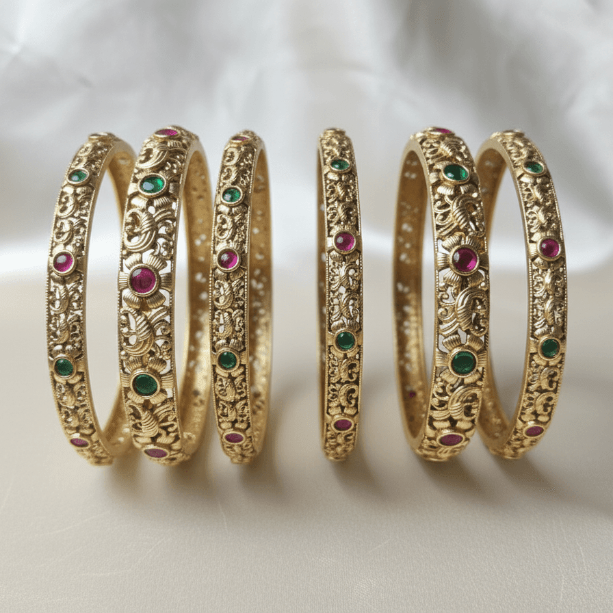 Heer Mani Ruby Bangles - Six Pieces 22K Gold Plated Stackable Bracelets Set - Riwaaj