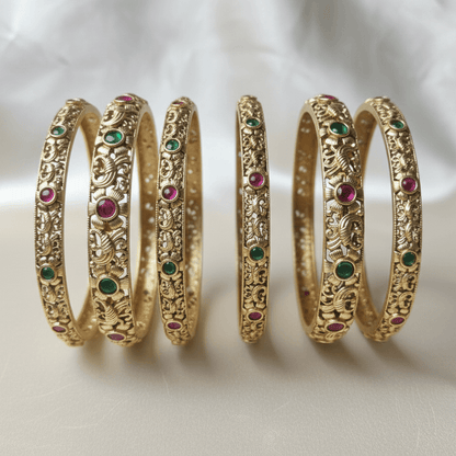 Heer Mani Ruby Bangles - Six Pieces 22K Gold Plated Stackable Bracelets Set - Riwaaj