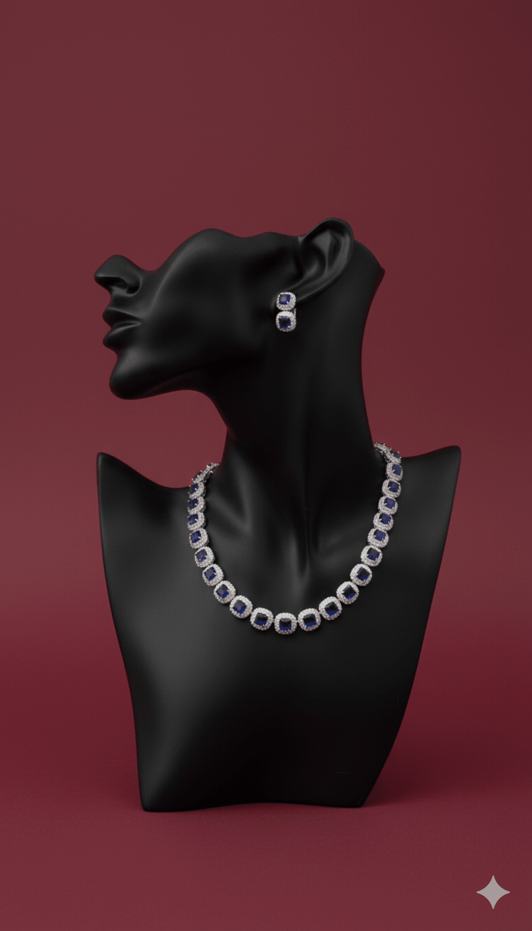 Naqsh - e - Zircon Mala Necklace Set - 22K Gold Plated Zirconia Jewelry with Earrings - Riwaaj