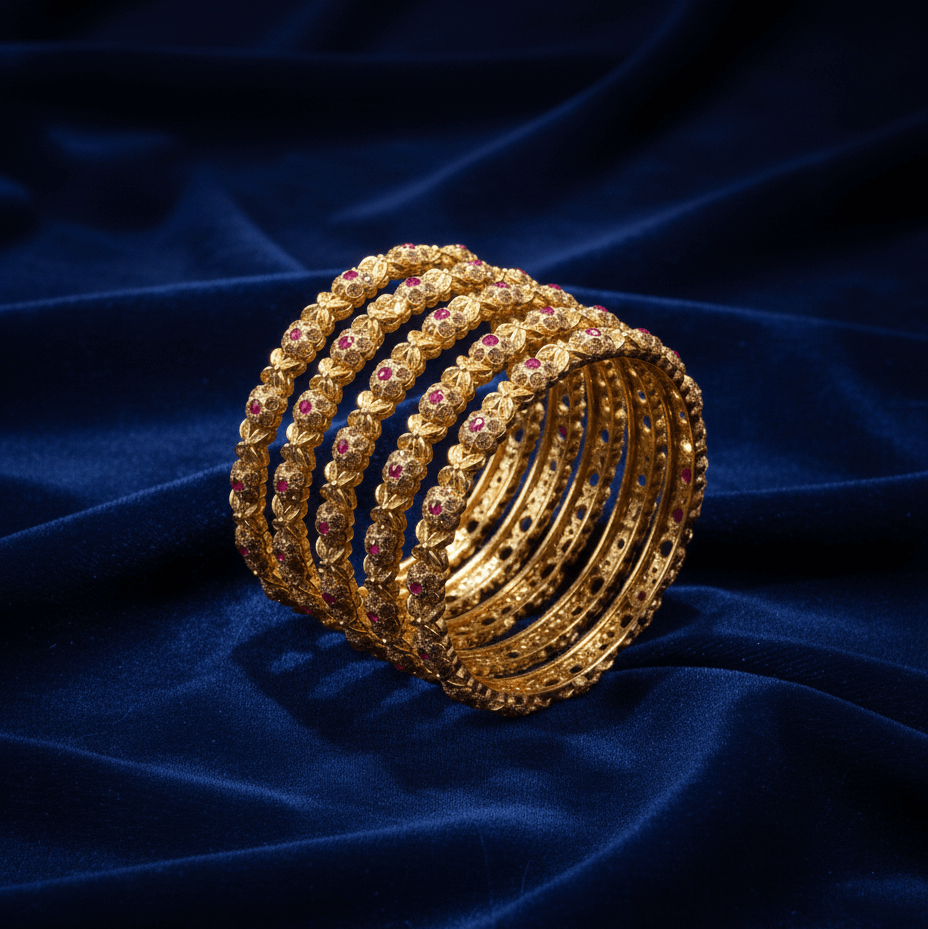 Royal Ruby Zirconia Kada Bangles - 22K Gold Plated Indian Bracelet Set