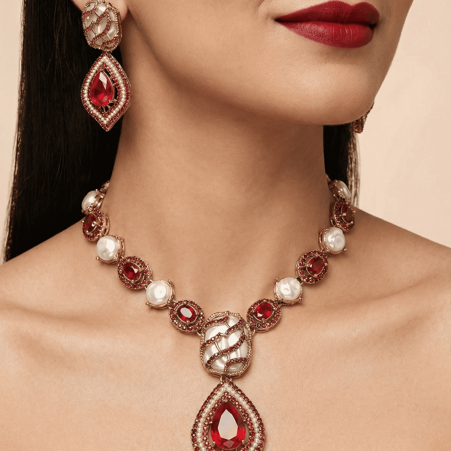 Anatolian Pearl & Ruby Jewelry Set - Turkish Gold Plated Necklace & Earrings - Riwaaj