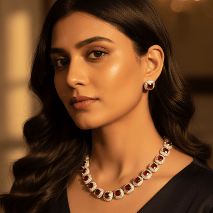 Naqsh - e - Zircon Mala Necklace Set - 22K Gold Plated Zirconia Jewelry with Earrings - Riwaaj