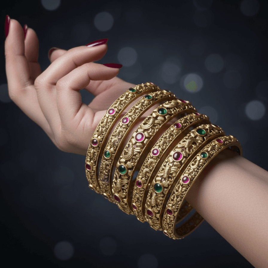 Heer Mani Ruby Bangles - Six Pieces 22K Gold Plated Stackable Bracelets Set - Riwaaj