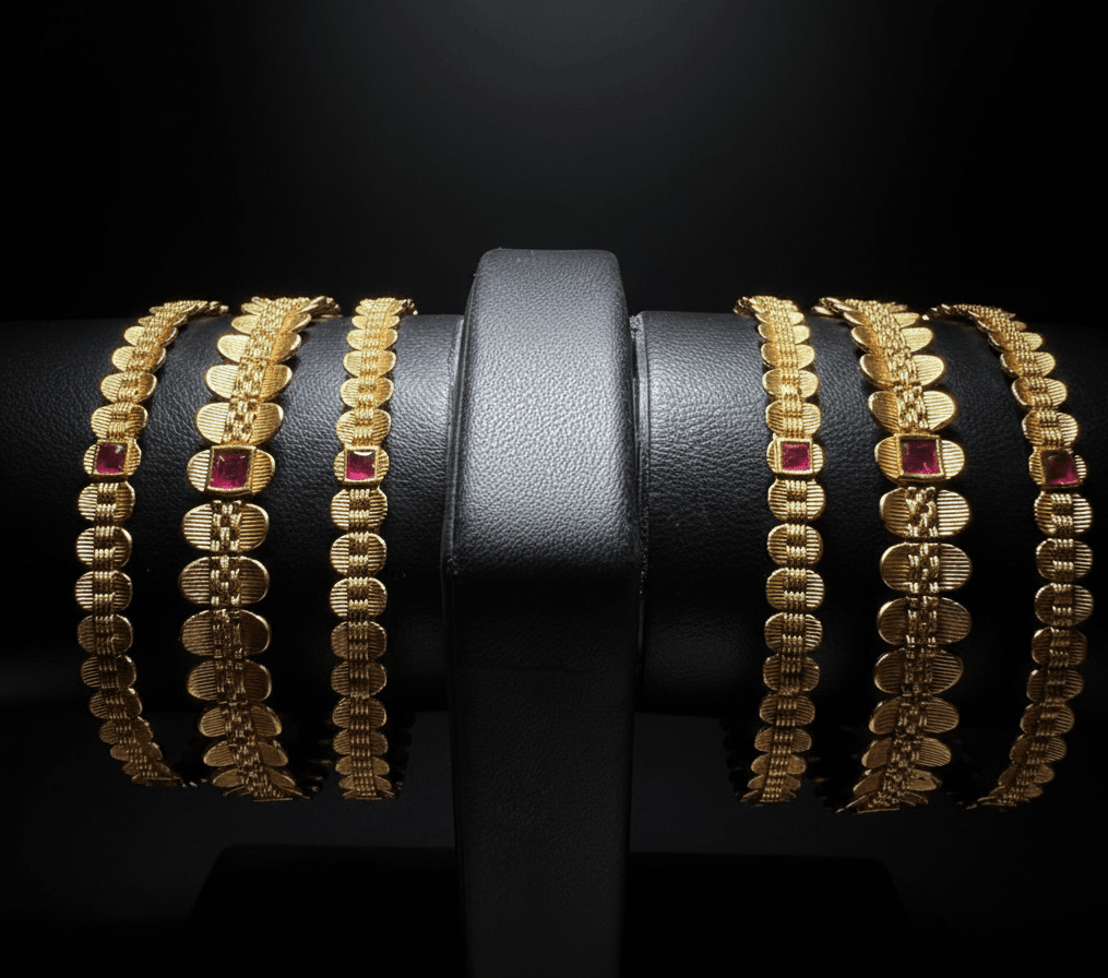 Rajwadi Ruby Bloom Kada Bangles - 22K Gold Plated Indian Bridal Set of 6 - Riwaaj