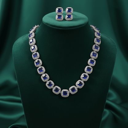 Naqsh - e - Zircon Mala Necklace Set - 22K Gold Plated Zirconia Jewelry with Earrings - Riwaaj