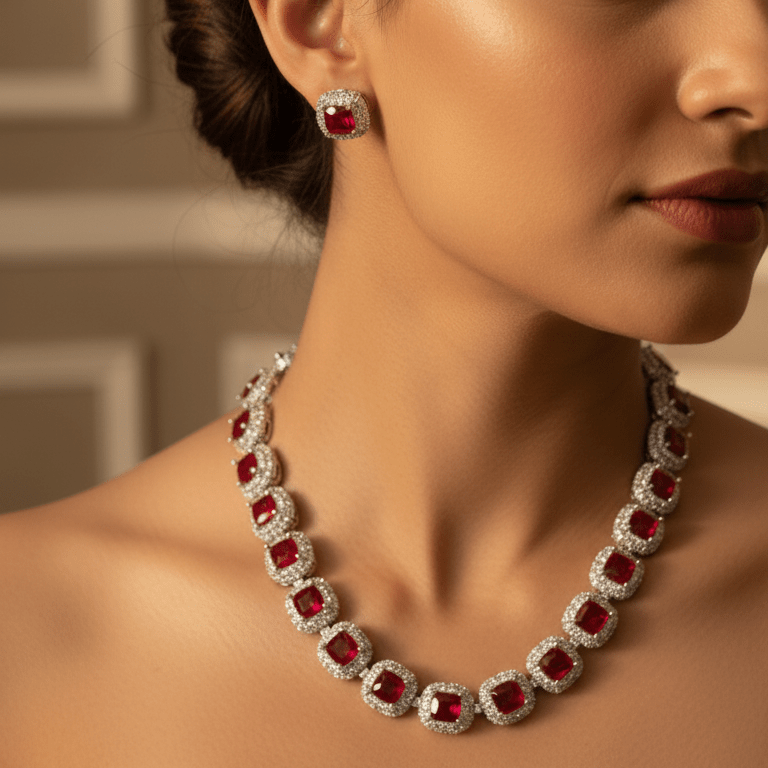 Naqsh - e - Zircon Mala Necklace Set - 22K Gold Plated Zirconia Jewelry with Earrings - Riwaaj