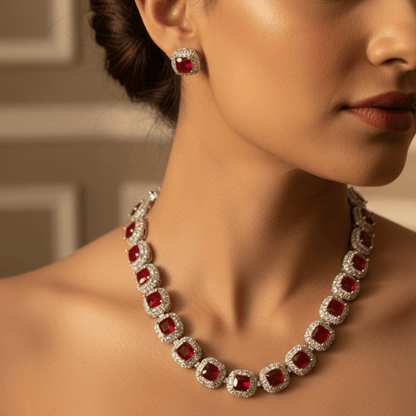 Naqsh - e - Zircon Mala Necklace Set - 22K Gold Plated Zirconia Jewelry with Earrings - Riwaaj