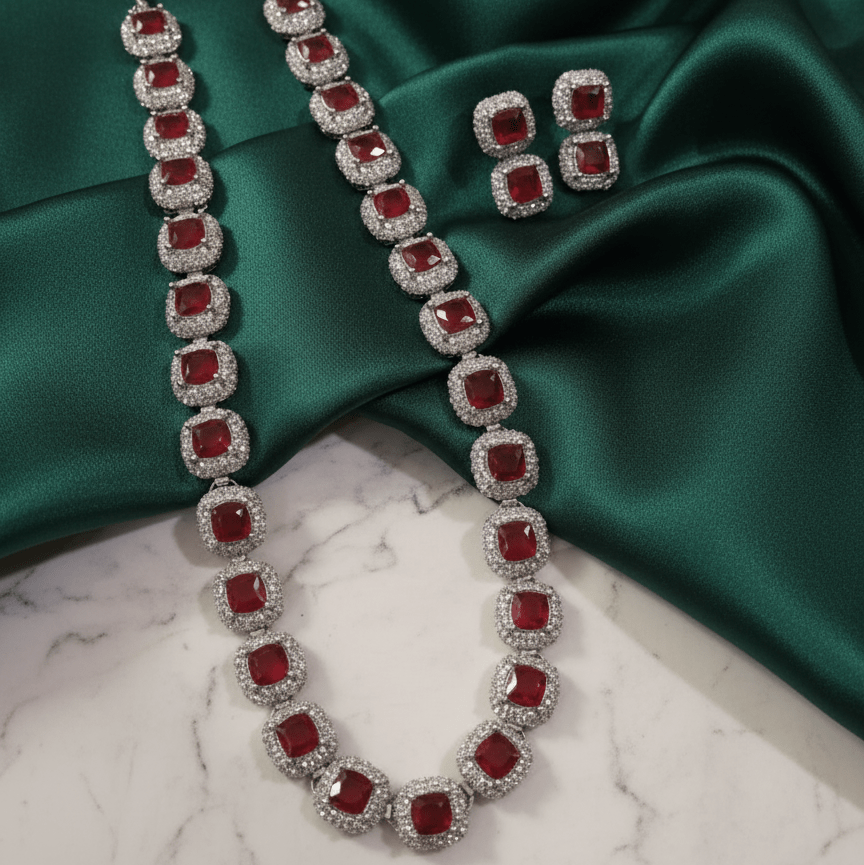 Naqsh - e - Zircon Mala Necklace Set - 22K Gold Plated Zirconia Jewelry with Earrings - Riwaaj