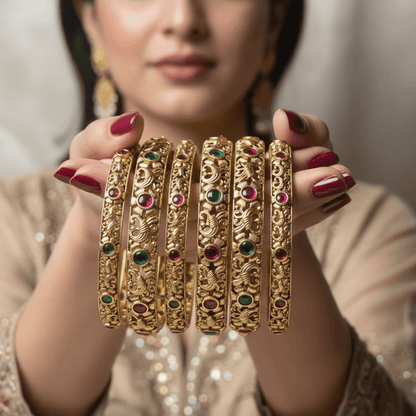 Heer Mani Ruby Bangles - Six Pieces 22K Gold Plated Stackable Bracelets Set - Riwaaj