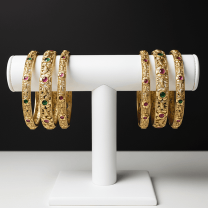 Heer Mani Ruby Bangles - Six Pieces 22K Gold Plated Stackable Bracelets Set - Riwaaj