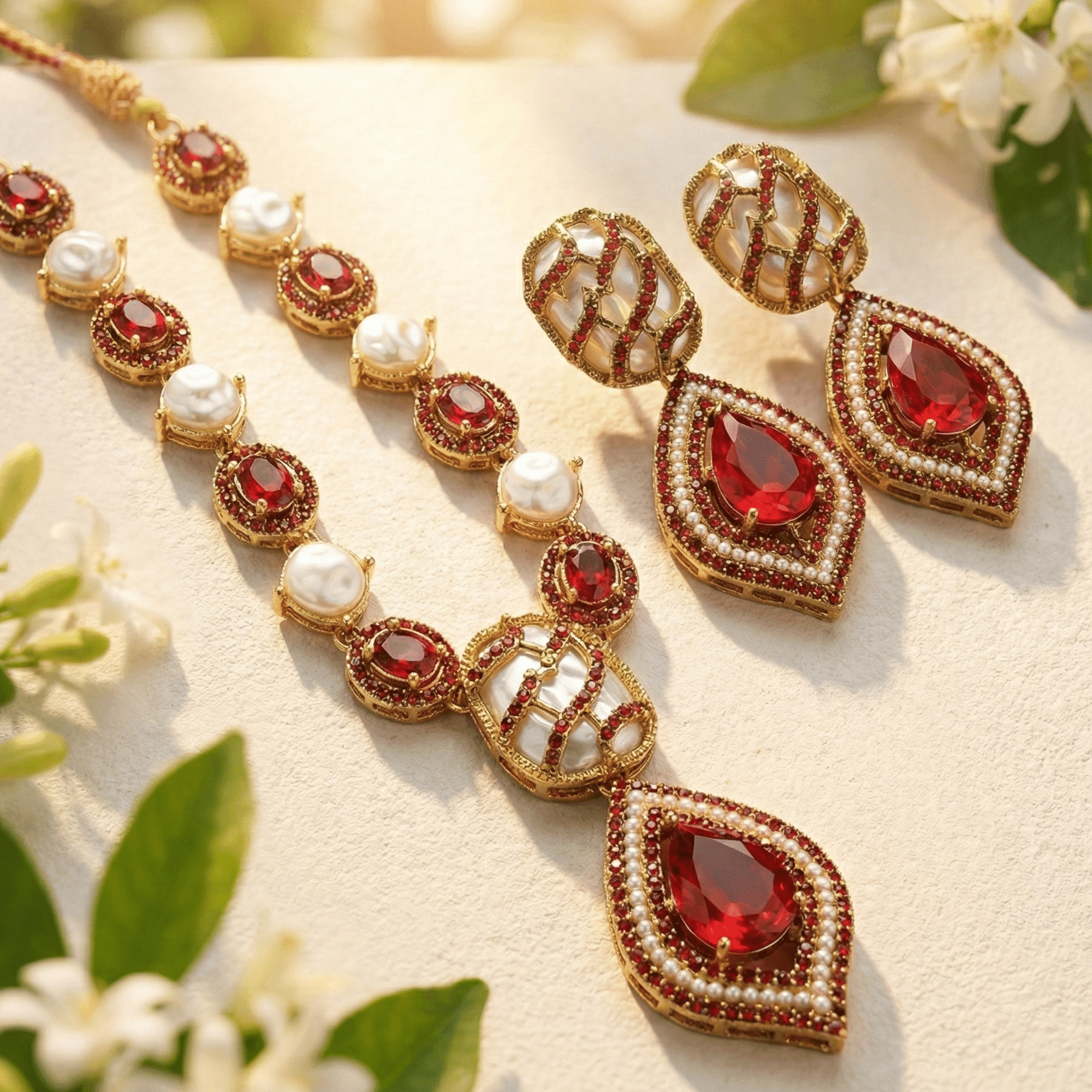 Anatolian Pearl & Ruby Jewelry Set - Turkish Gold Plated Necklace & Earrings - Riwaaj