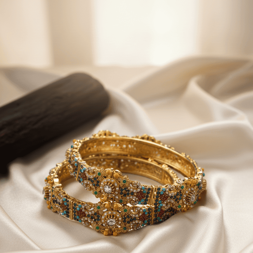 Navratan Heritage Bangles - Gold Plated Gemstone Bracelets - Riwaaj