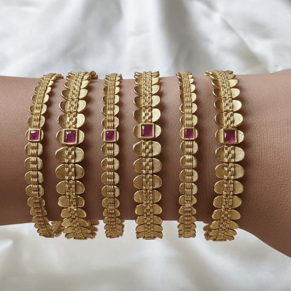 Rajwadi Ruby Bloom Kada Bangles - 22K Gold Plated Indian Bridal Set of 6 - Riwaaj
