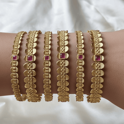 Rajwadi Ruby Bloom Kada Bangles - 22K Gold Plated Indian Bridal Set of 6 - Riwaaj