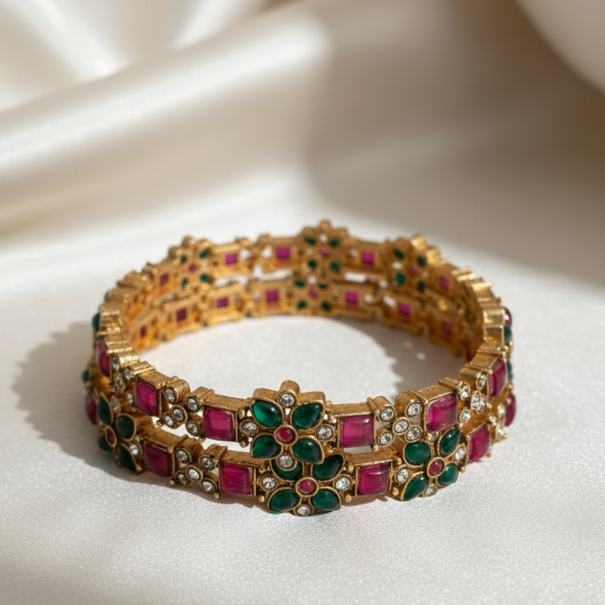 Ruby Emerald Floral Bangles - 22K Gold Plated Indian Bracelets