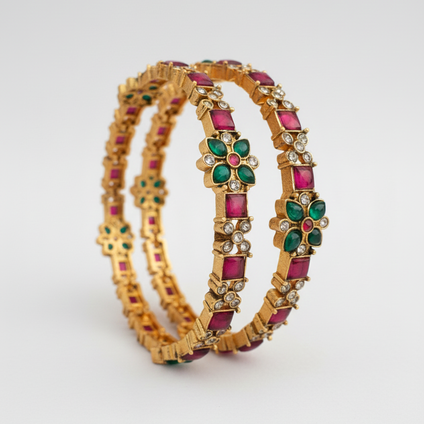 Ruby Emerald Floral Bangles - 22K Gold Plated Indian Bracelets