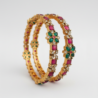 Ruby Emerald Floral Bangles - 22K Gold Plated Indian Bracelets