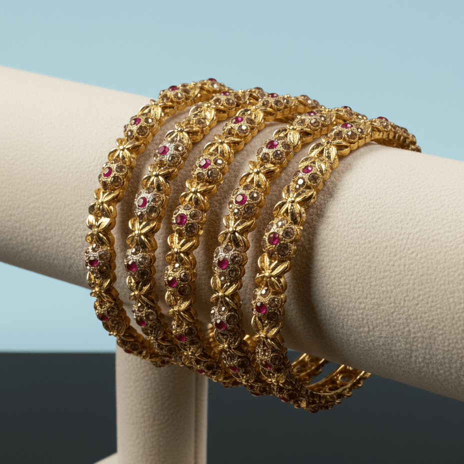 Royal Ruby Zirconia Kada Bangles - 22K Gold Plated Indian Bracelet Set