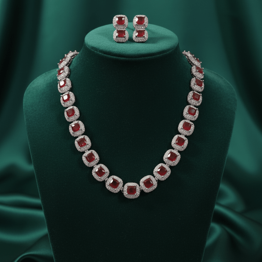 Naqsh - e - Zircon Mala Necklace Set - 22K Gold Plated Zirconia Jewelry with Earrings - Riwaaj