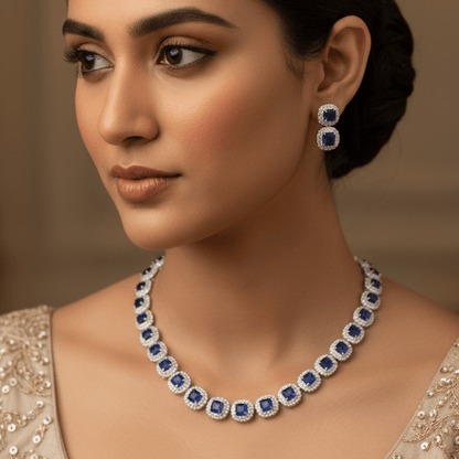 Naqsh - e - Zircon Mala Necklace Set - 22K Gold Plated Zirconia Jewelry with Earrings - Riwaaj
