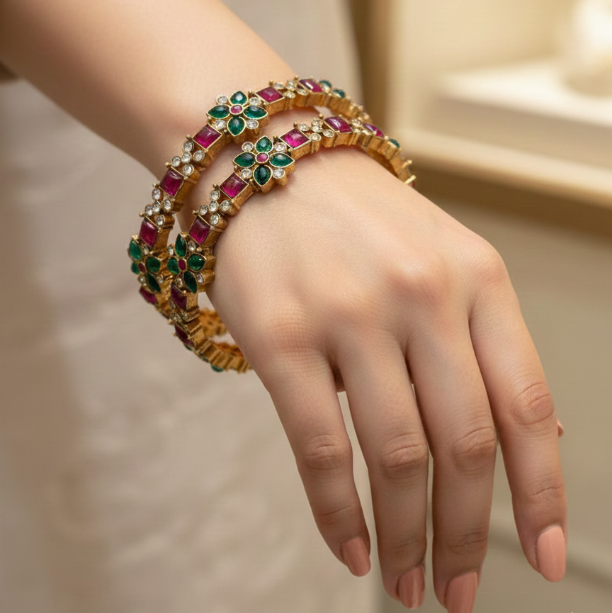 Ruby Emerald Floral Bangles - 22K Gold Plated Indian Bracelets