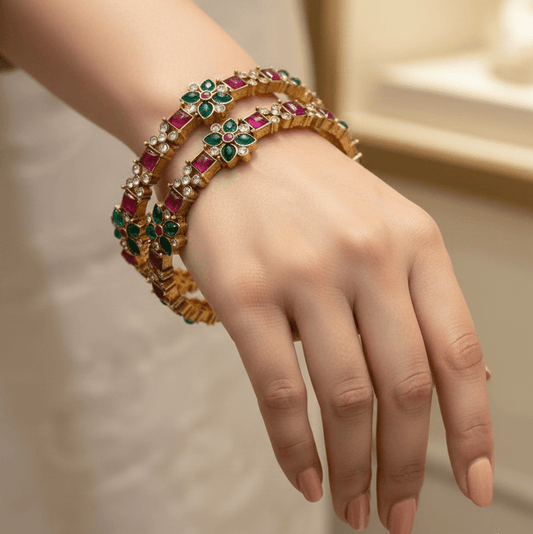 Ruby Emerald Floral Bangles - 22K Gold Plated Indian Bracelets - Riwaaj
