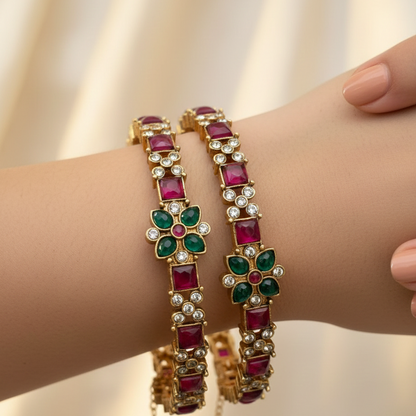 Ruby Emerald Floral Bangles - 22K Gold Plated Indian Bracelets