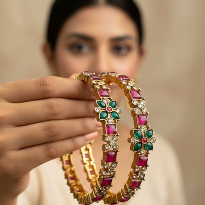 Ruby Emerald Floral Bangles - 22K Gold Plated Indian Bracelets